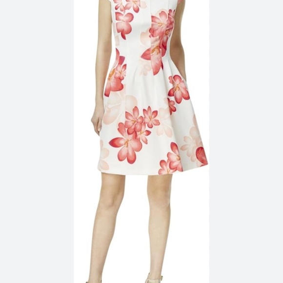 NWT CALVIN KLEIN Creamy White w Tropical Floral Print Knee Length W Dress Sz14 - Picture 1 of 7